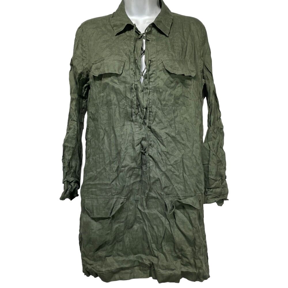 equipment knox green linen button up roll tab sleeve dress Size S